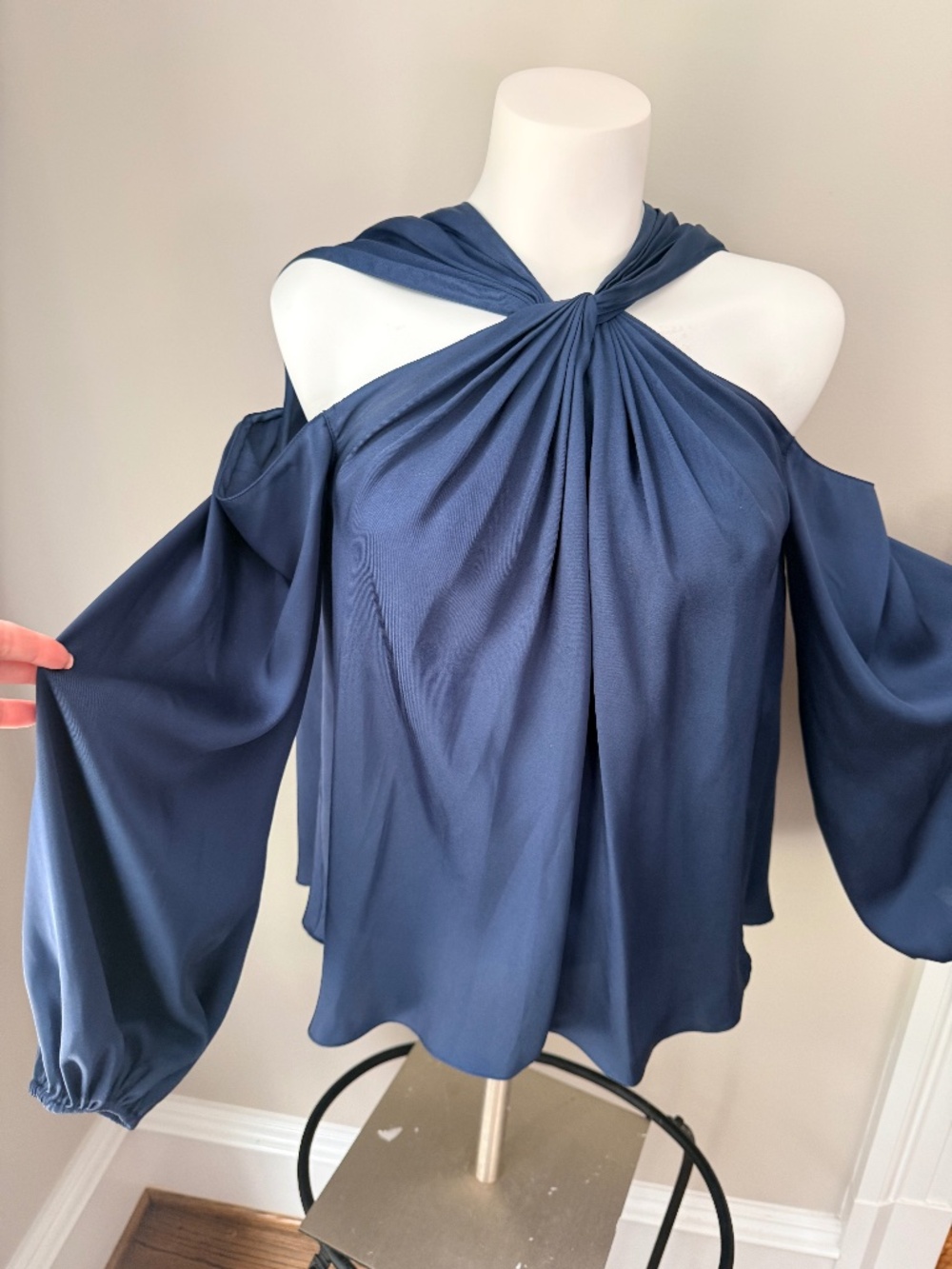 Elizabeth and James Silk Top Off Shoulder in Teal